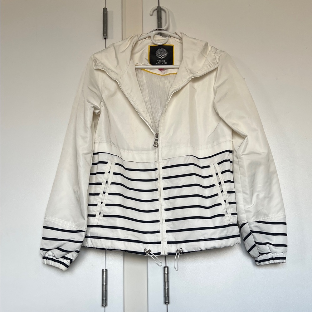 Vince Camuto White & Navy Stripe Zip Up Hooded Windbreaker